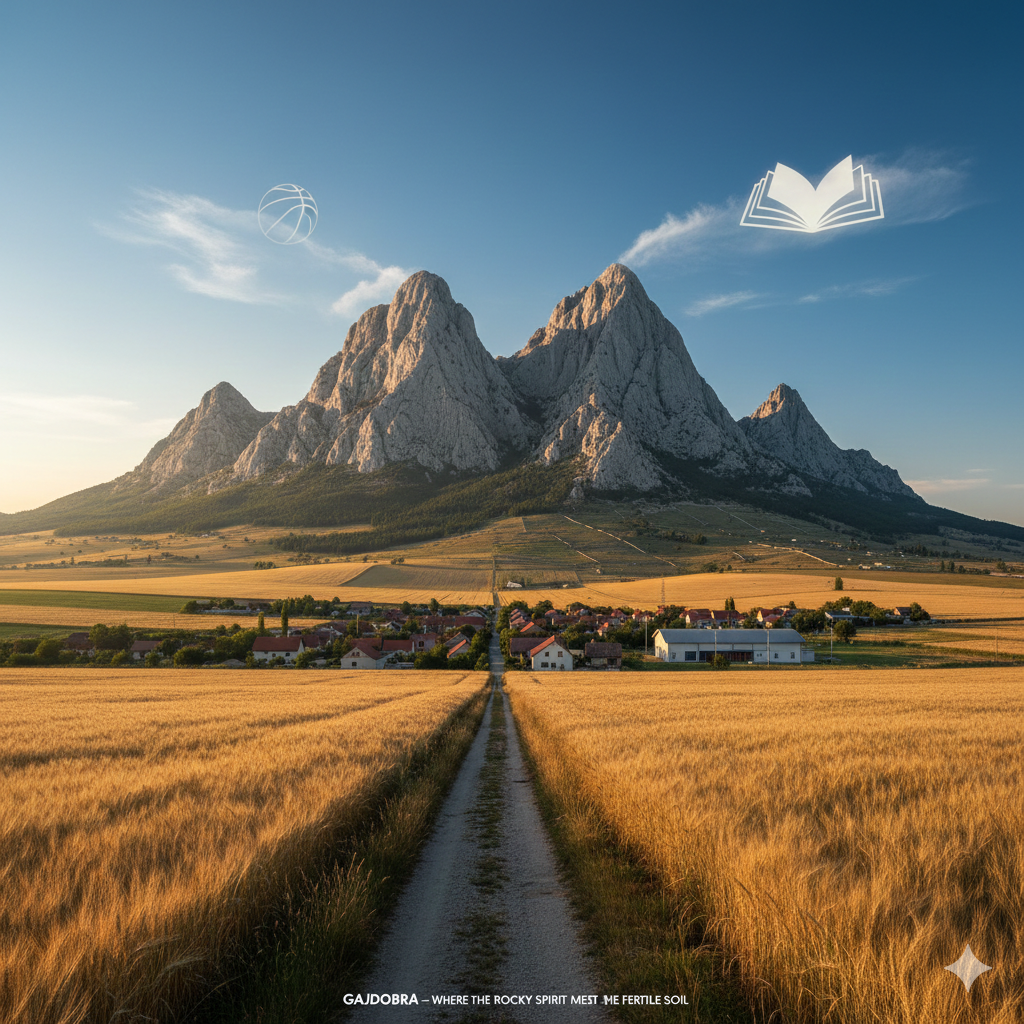 ilustracija koja simbolizuje Gajdobru, kao spoj hercegovačkog nasleđa i bačke ravnice